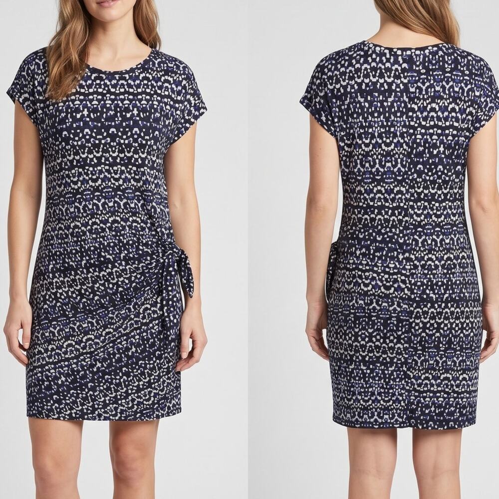 Nicole Miller Original Medium Black Blue White Dotted Dress Cap Sleeve
